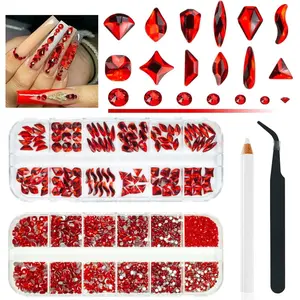 4080Pcs Rhinestones Nail Charms 120 Multi Shapes Crystal Flatback Siam Red Big Gems +3960 Ruby Red Round Beads Glass Stones Diamonds jewels Nail Art Supplies for Nails Face Eyes Makeup Crafts DIY
