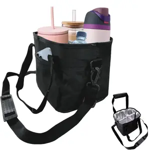 Stylish Insulated Water Bottle Carrier Bag with Shoulder Strap, Multi-Bottle Tote Holder, Large-Capacity Beverage Caddy Organizer with Front Pockets for Gym, Camping, Travel