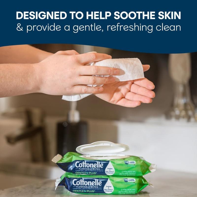 Cottonelle GentlePlus Flushable Wet Wipes, 8 Flip-Top Packs, 42 Wipes Per Pack