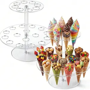 Acrylic Ice Cream Cone Holder, 2-Layer Waffle Cone Display Rack with 24 Holes, Transparent Food Showcase for Birthday Parties, Weddings, Etc