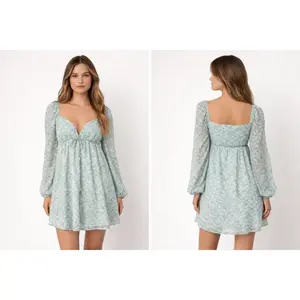 Women’s Dainty Blue Floral Sweetheart Mini Dress – Long Sleeve Tie Front Dress