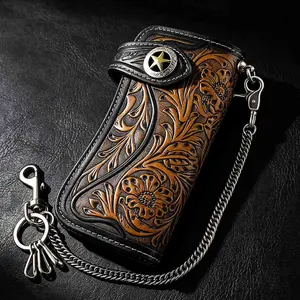 Men Tan Carved Long Leather Wallet With Biker Trucker Chain Card Holder