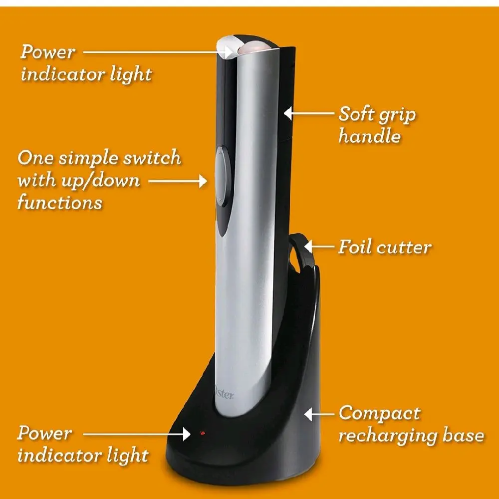 Ouster Electronic Wine Opener with Soft Grip Handle, Foil Cutter, Compact Recharging Base & Power Indicator Light