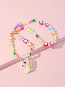 1pcs/set Acrylic Horse Pendant Flower Beaded Bracelet Set, Cute Floral Style, Perfect for Girls' Birthday Party Gifts, All Seasons Wear, Unicorn Pendant, Gift Jewelry