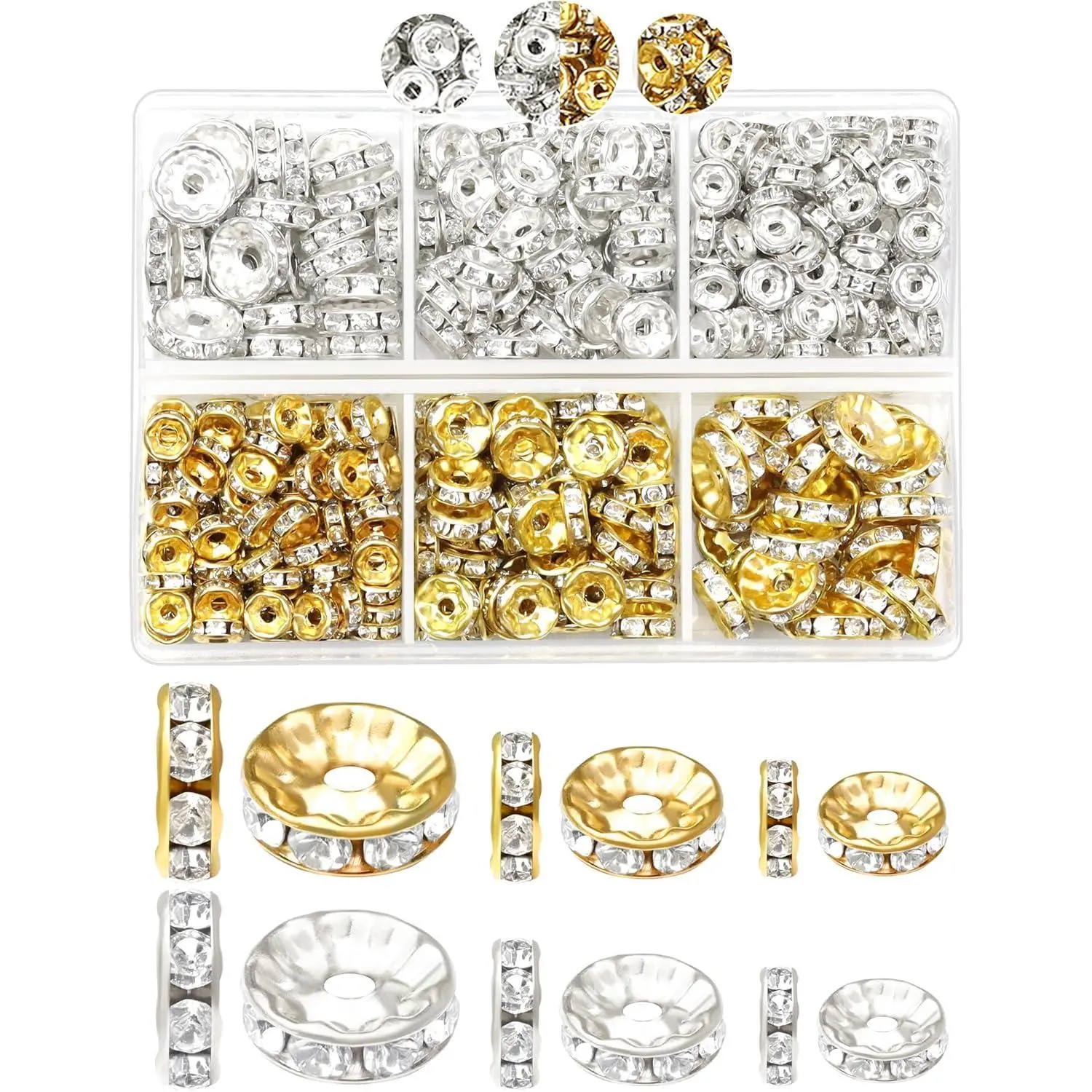 X-HDJ24  300pcs  Rondelle Spacer Beads for Jewelry Making, 6mm, 8mm, 10mm Beads with Holes, Gold & Silver Rhinestone Beads for Beaded Pens, Craft Projects, Bracelets & Necklaces