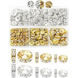 X-HDJ24  300pcs  Rondelle Spacer Beads for Jewelry Making, 6mm, 8mm, 10mm Beads with Holes, Gold & Silver Rhinestone Beads for Beaded Pens, Craft Projects, Bracelets & Necklaces