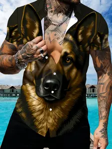 German Shepherd Pattern Men's Short Sleeve Shirt, Summer Casual Printed Top, Dog Theme Trendy Clothing