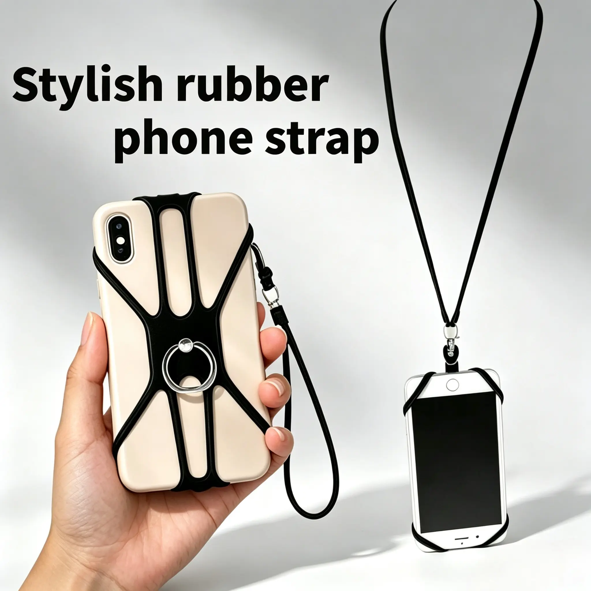 Adjustable Silicone Mobile Phone Lanyard - Detachable Dual-Purpose Neck Strap with Finger Ring Holder, Phone Accessory for Fishing, Camping, Compatible with Most Smartphone Models (Black), Adjustable Phone Strap