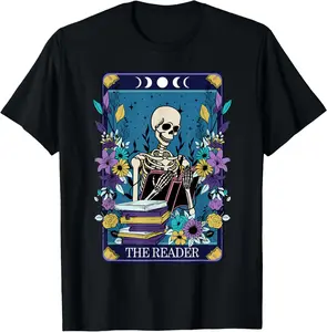 100% Cotton Book Lover Tarot Card The Reader Mystic Funny Skeleton T-Shirt