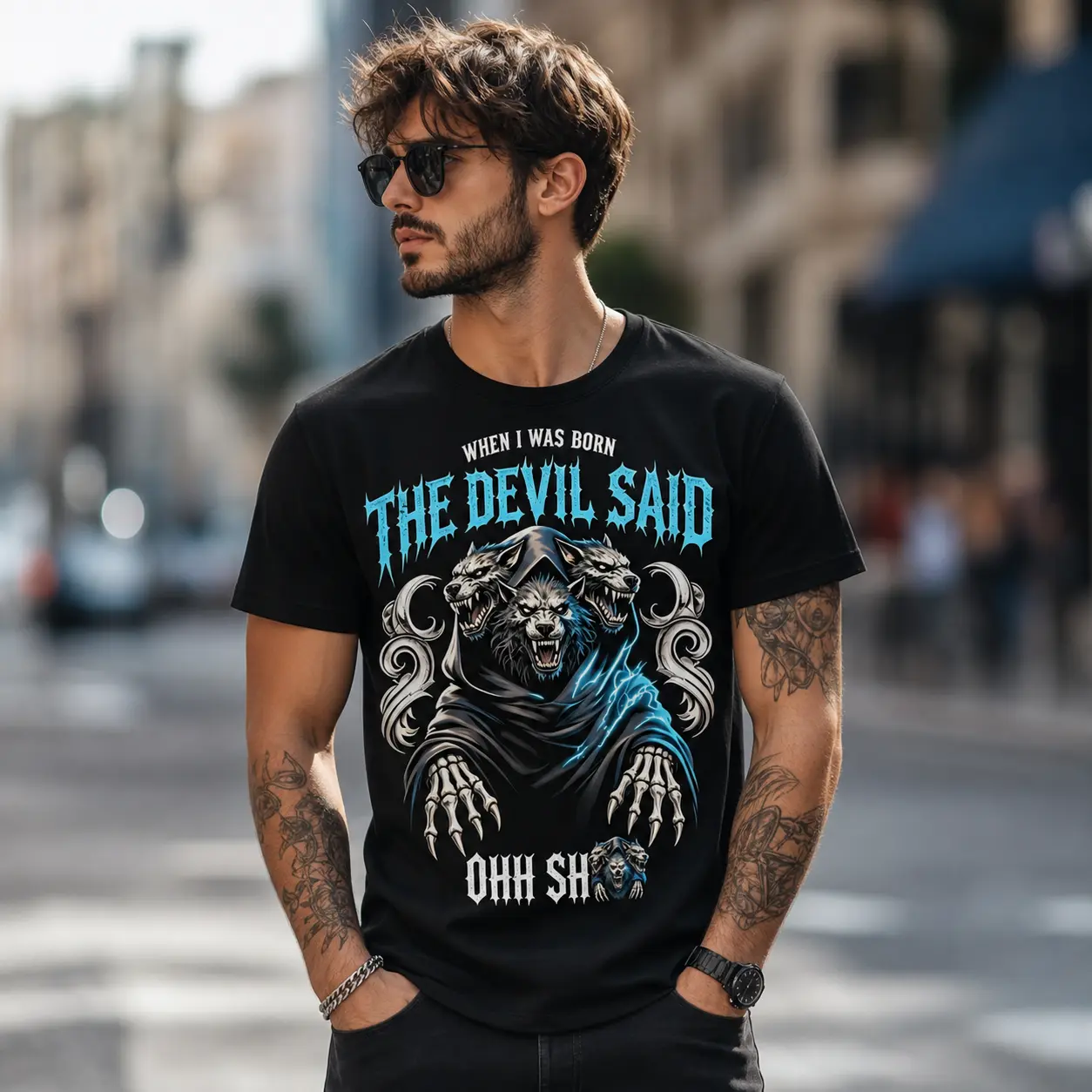 Men’s 100% Cotton Gothic Metal Wolf T-Shirt, When I Was Born The Devil Said Funny Sarcastic Triple Grim Reaper Wolves Lightning Graphic Crew Neck Tee, Hardcore Biker Rock Casual Streetwear Top Gift For Motorcycle & Metal Fans
