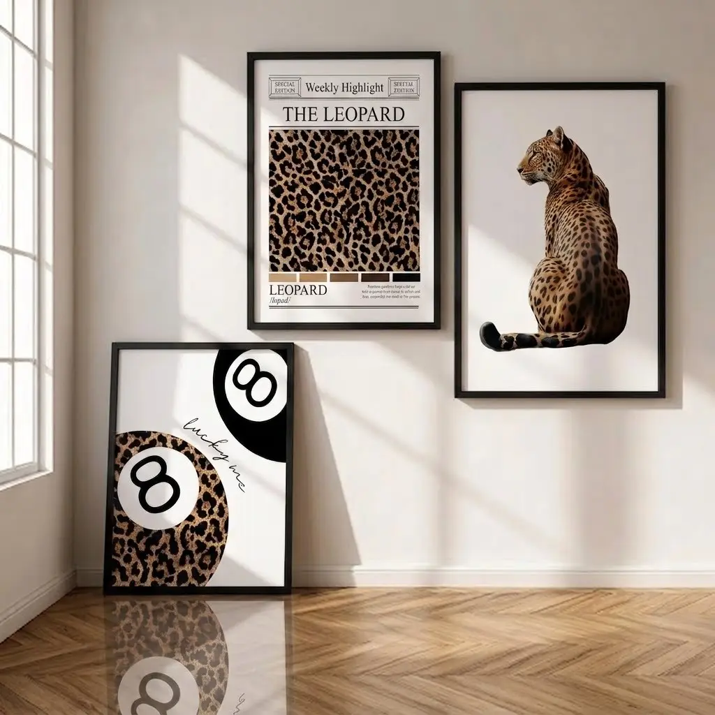 Leopard Lucky 8 Ball Wall Art Set - 3-Piece Funky Cheetah Posters, Home Decor for Room Accent