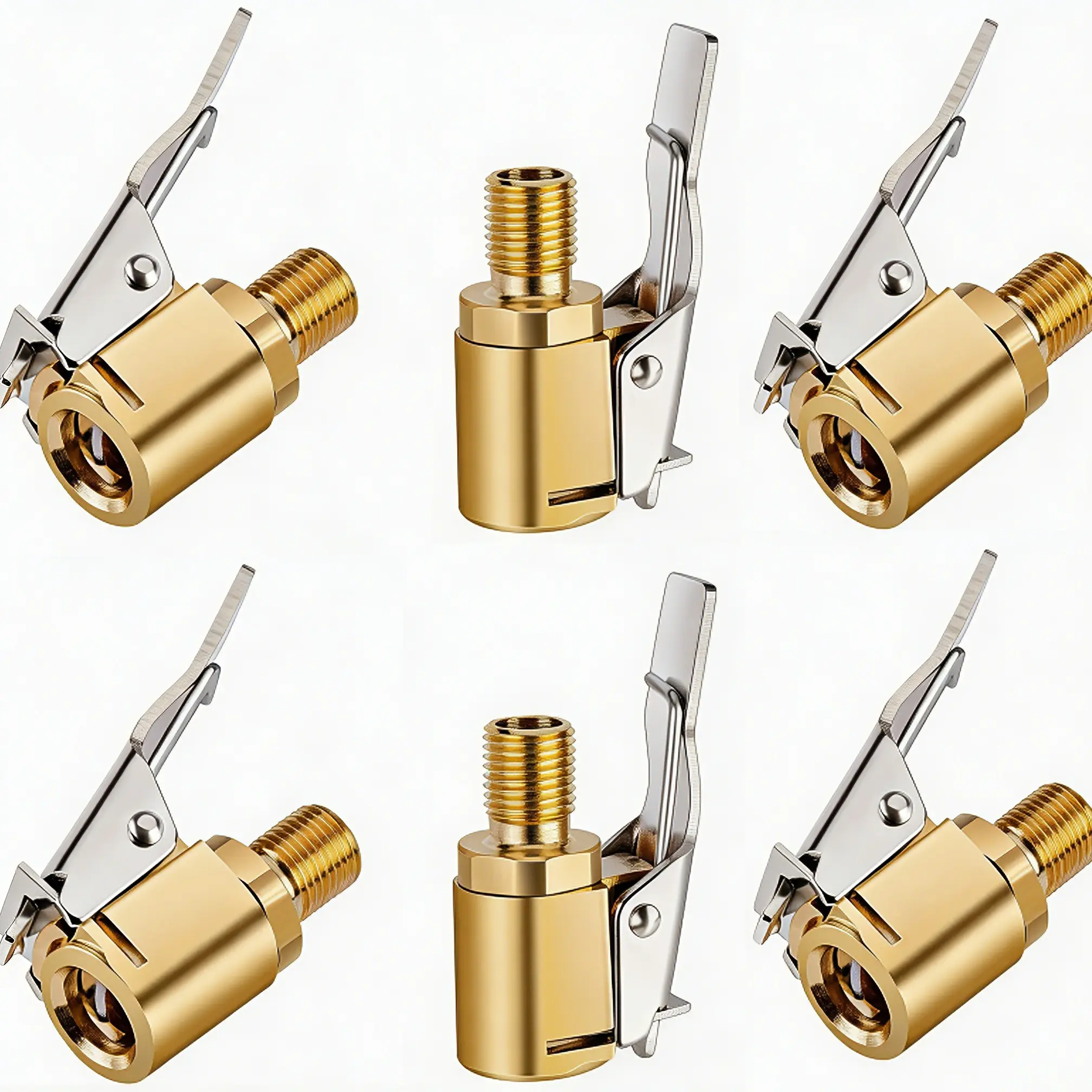 6pcs Tire Air Chuck with Clip Adapter, Brass Tire Inflation Hose Adapter with Locking Tire Nozzle Valve Thread, Unscrewed Twist Connection Converts to Locking Connection for Air Compressor Pump Clamp, Tire Inflator Tool, Inflation Tools, Cars