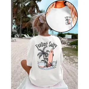 Women’s “Feeling Salty” Surf Skeleton Graphic T-Shirt, Soft Cotton Short Sleeve Crew Neck Tee, Beach Vacation Summer Top, Casual Streetwear Everyday Outfit, Breathable Comfortable Coastal Style T-Shirt