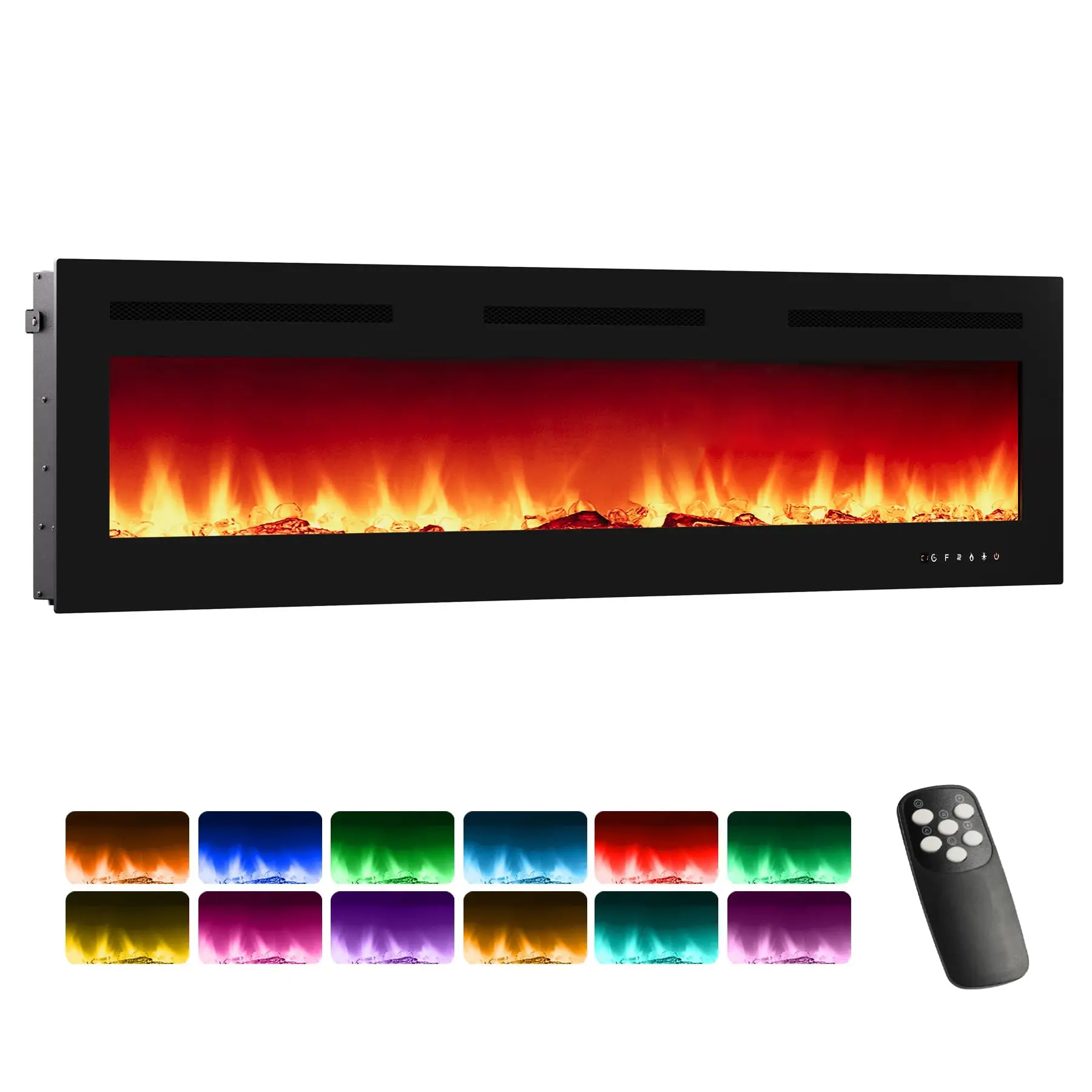 Electric Fireplace with Tempered Glass - 12 Flame Colors, Remote Control, 1500W Heater, 5000BTU, 5 Brightness Levels, Timer, Log & Crystal Effects (72 Inch)