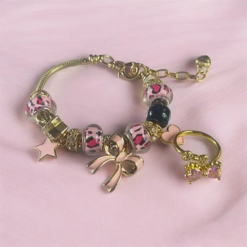 Unisex Pink Ribbon Bracelet and Bow Charm Matching Sets with Adjustable Ring, Ideal for Casual Wear