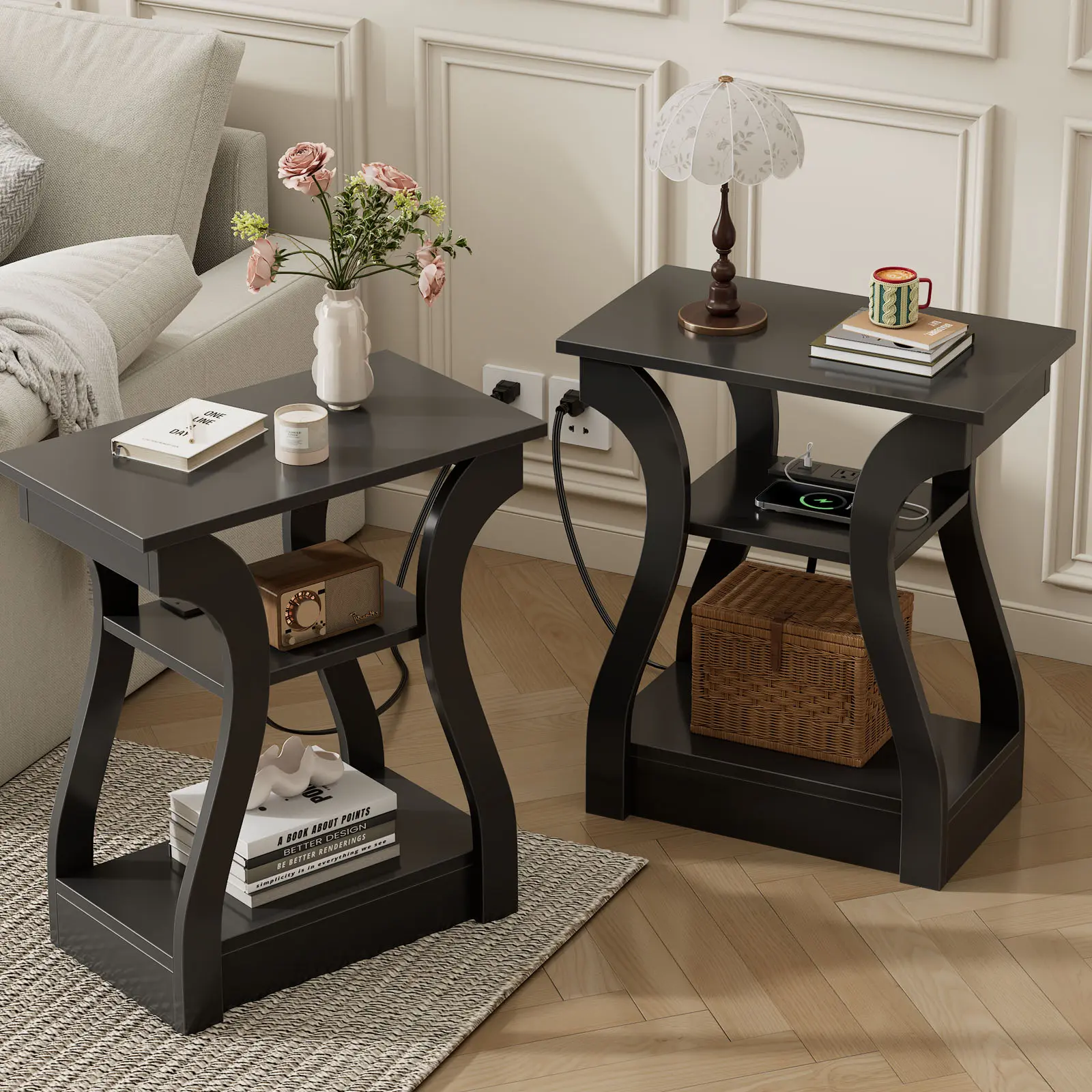 Sweetcrispy 3 Tier End Table with Charging Station, Modern Curved Nightstand Side Table with USB, Type-C Port & AC Outlets, Storage Shelf Cabinet for Living Room Bedroom Home Decor