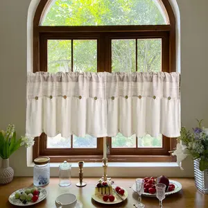 Vintage Linen Button Valance for Kitchen Window Dining Room Rustic Cafe Cotton Valance for Small Windows Bathroom Bedroom Vintage Macrame Valances Rod Pocket 1 Panel