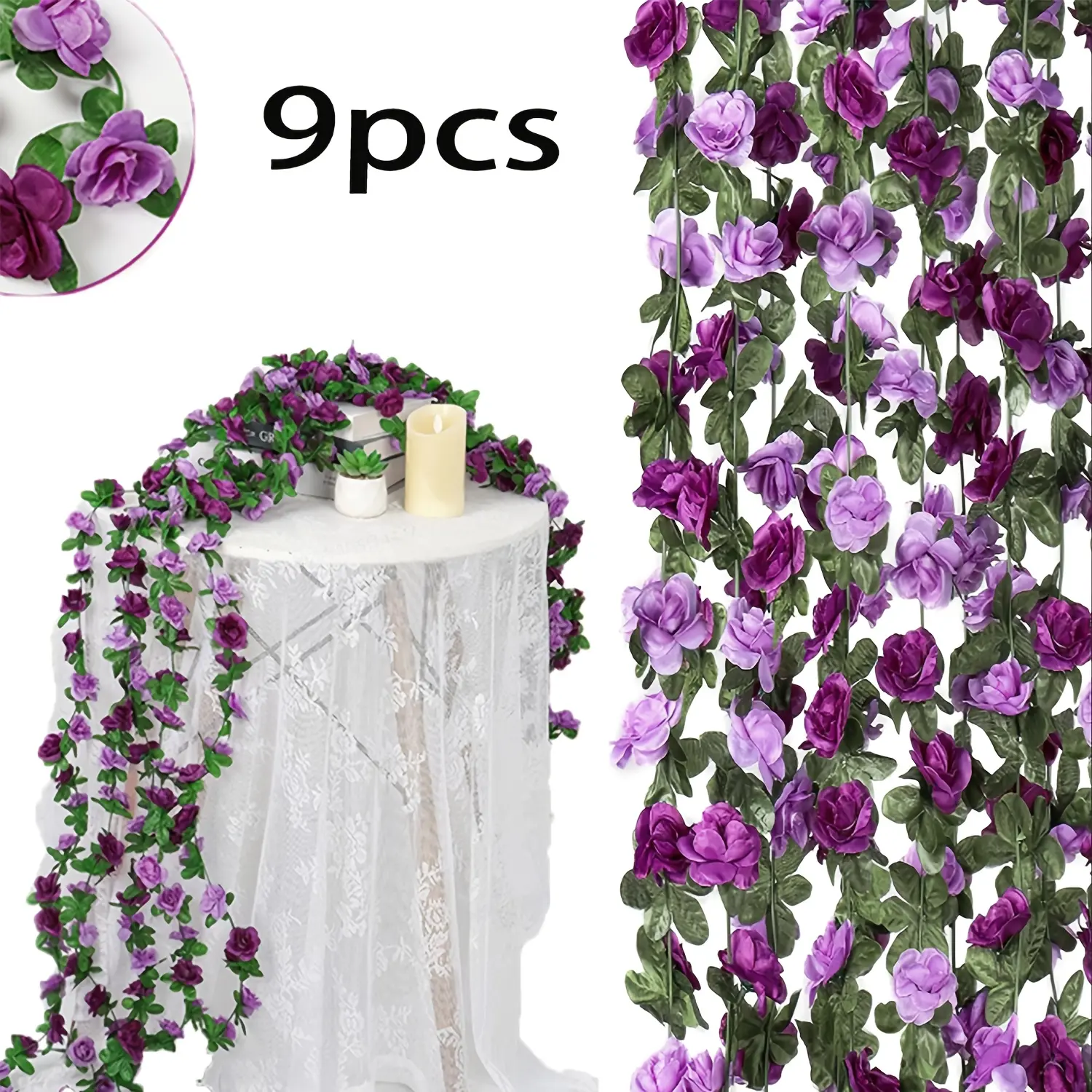 9-Pack Kitchen-Themed Silk Plastic Artificial Rose Garland Vine Set - Nature-Inspired, Lifelike Shape, Bendable Outdoor/Indoor Hanging Ivy Ornaments, Romantic Decor for Home Craft Accents & Gifting, Flower
