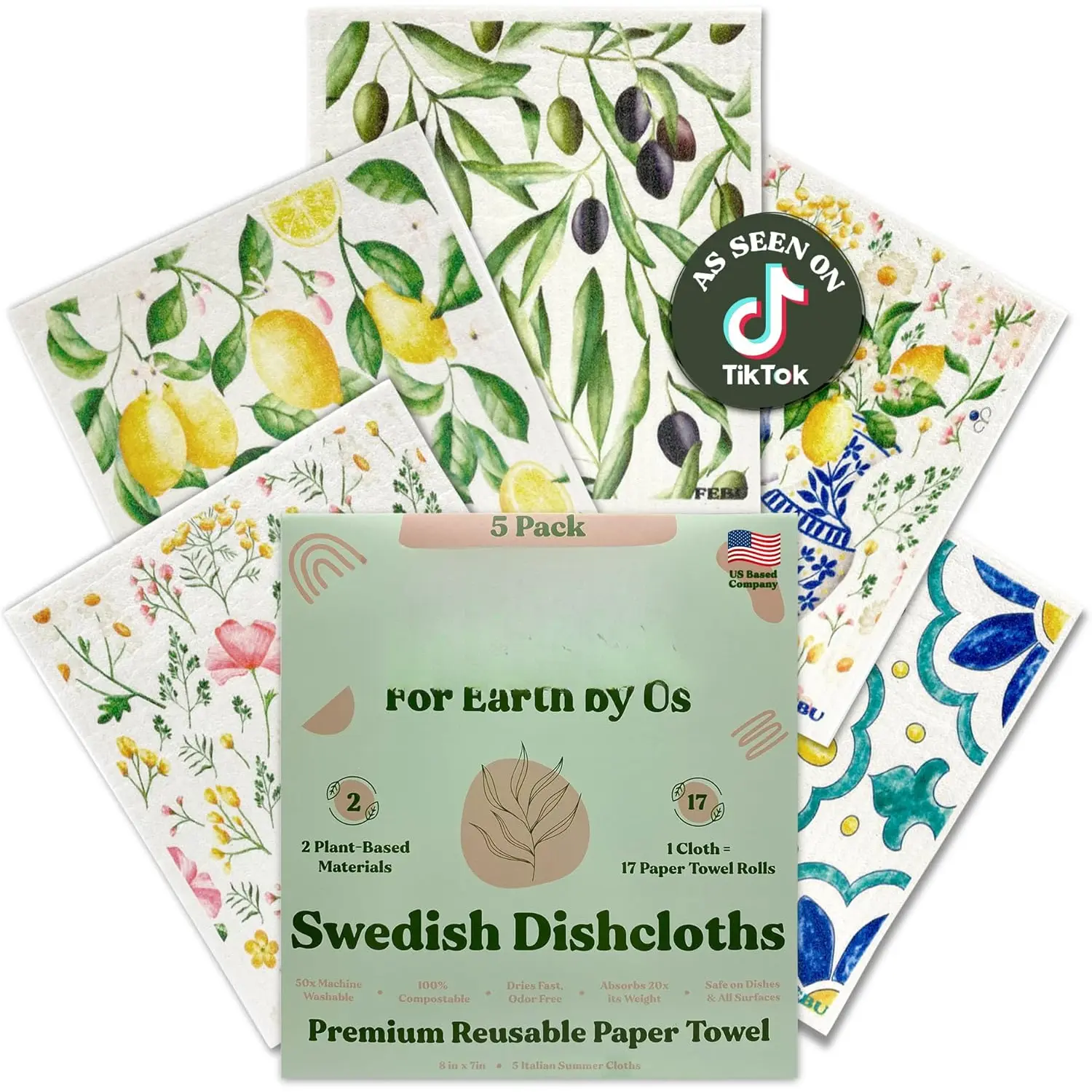 Swedish Dishcloths for Kitchen | 5 Pack Italian Summer  Paper Towels Washable | Swedish Dish Towels | Non-Scratch Cellulose Sponge Cloths | No Odor, Biodegradable Cleaning Cloths