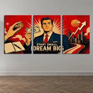 3 Piece Framed "Start Small, Dream Big" Motivational Canvas Wall Art, Retro Pop Art Business Poster, Red & Gold Aesthetic Decor for Office Living Room Bedroom, Entrepreneur & Success Gift,wall decor,poster.