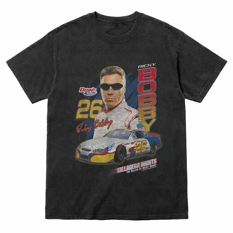 Gildan Men's Fitted-Cut Short-Sleeve Cotton Fabric Graphic T-Shirt - Unisex Casual Talladega Nights Ricky Bobby #26 Vintage Funny Racing Top, Halloween-Holiday Wear, Do Not Dry Clean