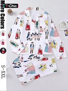 Hamilton Musical Print Women's Pajama Set, Long Sleeve Shirt Collar Button Soft Top & Elastic Pants, Casual Home Wear Loungewear