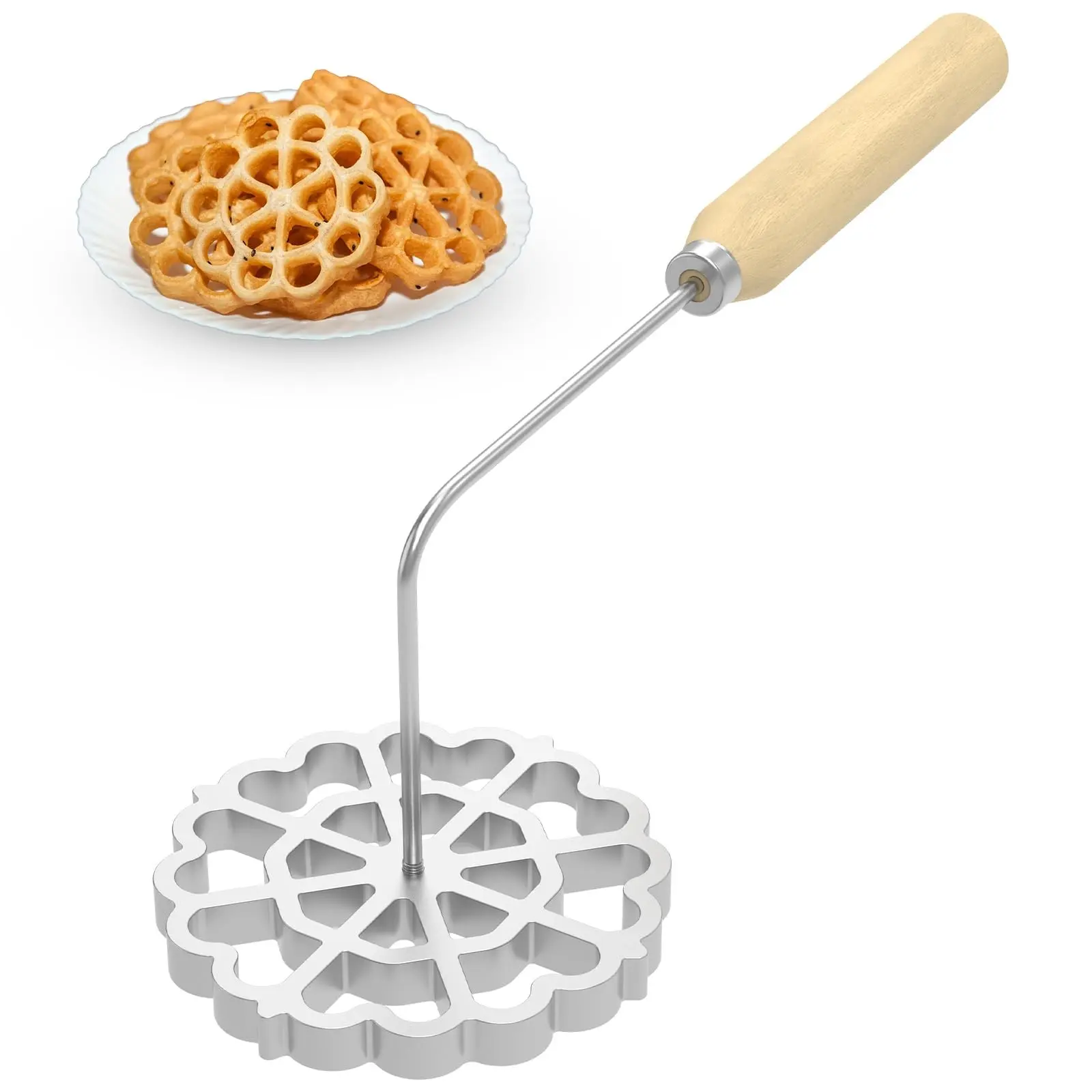 Bunuelos Mold Aluminum Rosette Iron Cookie Maker 1PC Detachable with Wooden Handle and Waffle Ring Lightweight Metal Style for Home Kitchen Deep Frying and Baking Snacks Cookie Dough Molds