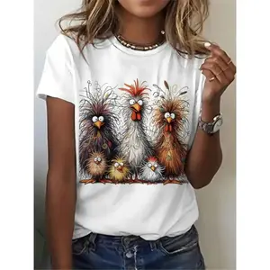 Stylish Cartoon Chicken Print Short Sleeve Round Neck T-Shirt for Women Ideal Casual Summer Gift