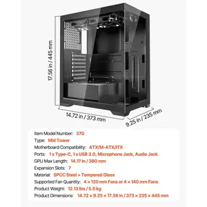VEVOR PC Gaming Case, Mid-Tower, Computer Case with High-Airflow Tempered Glass Panel, Dust Filter, 2x 120 mm Fans, Cable Management, for GPU up to 360mm in Length, Compatible with ATX/M-ATX/ITX