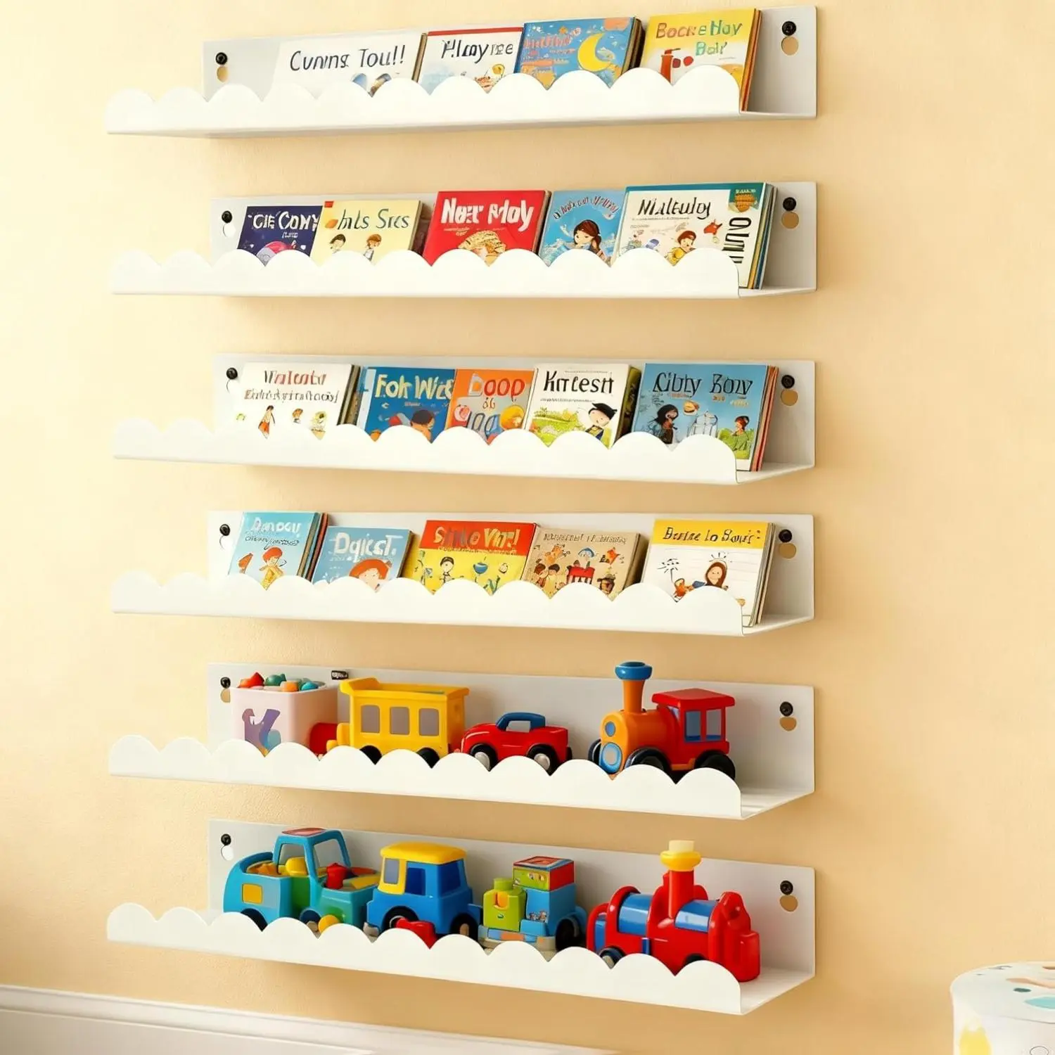 6-Piece White Metal Cloud Decorative Floating Nursery Book Shelves, 16-Inch Scalloped Shelf for Kitchen & Kids Room Wall Storage & Decor