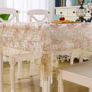 Lace Tablecloth Embroidery with Tassel - Shabby Chic Rectangle Table Cloth for Tables Pink Rose Floral Tablecloth forKitchen Dining-Room Summer Holiday Outdoor Picnic