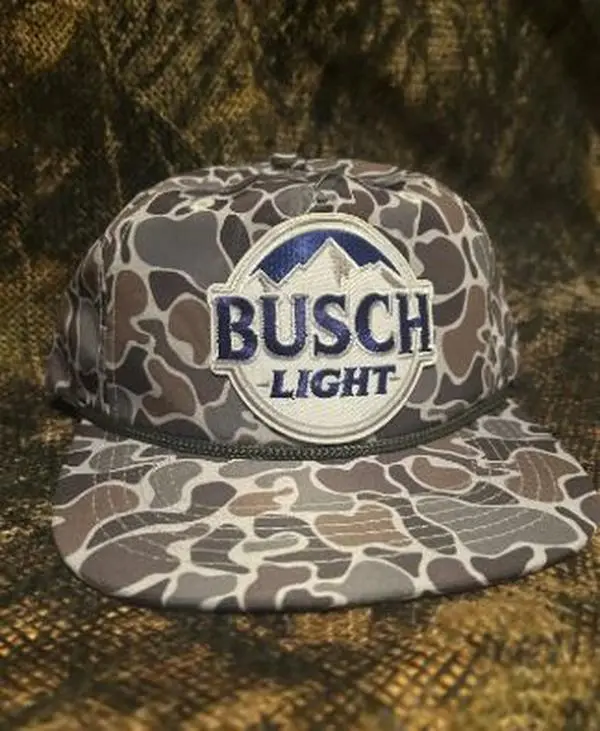 Busch Light retro vintage patch on a smokeshow Camo ropebrim SnapBack