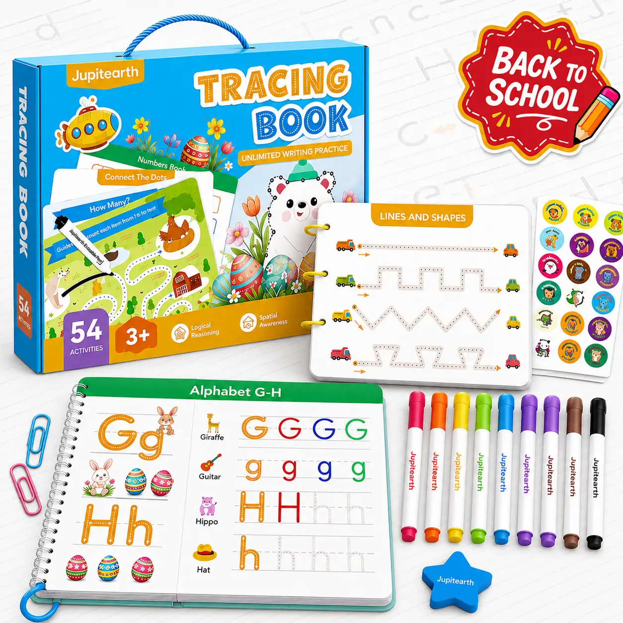 【Deals For You Days】JUPITEARTH Reusable Preschool Learning Kit, Kids Handwriting Workbook, Early Elementary School Supplies, 54 Fun Practice Pages, 6 Loose-Leaf Rings, Math-Words-Drawing Activities, Great Gift