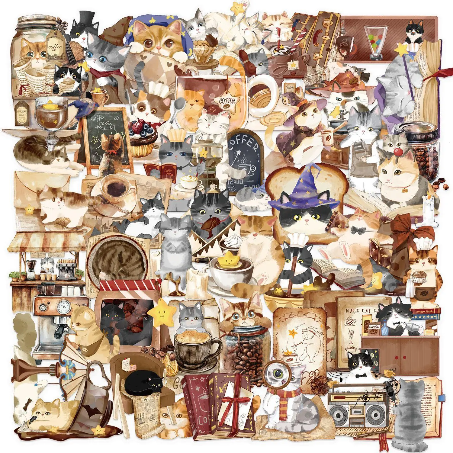 Cartoon Cat Cafe Series Sticker, 50pcs/set Cute Cartoon Sticker, DIY Decorative Sticker for Water Bottle, Laptop, Phone Case, Scrapbooking, Journal Making