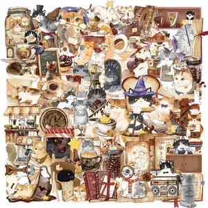 Cartoon Cat Cafe Series Sticker, 50pcs/set Cute Cartoon Sticker, DIY Decorative Sticker for Water Bottle, Laptop, Phone Case, Scrapbooking, Journal Making