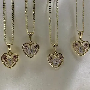 Heart Shaped Initial Necklace with Roses for Women - Gold Plated Figaro Style Chain