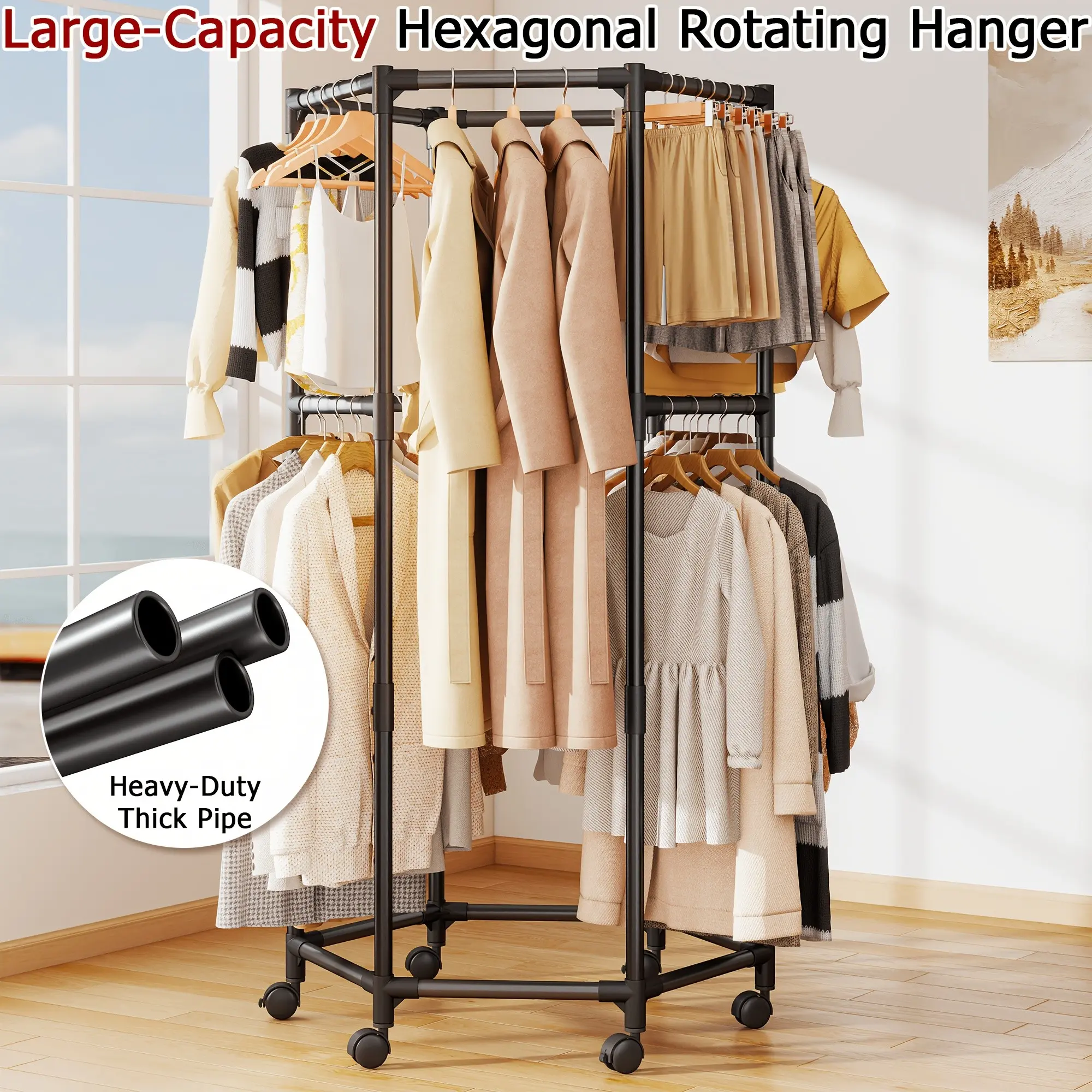 Heavy-Duty 360° Rotating Hexagonal Clothes Drying Rack with Double Layer Hanging Bars, Space-Saving Clothing Racks for Hanging Clothes, Retail Display, Standing Coat Hanger with Multiple Bars for Bedroom, Dormitory & Balcony, Holds Multiple Garments