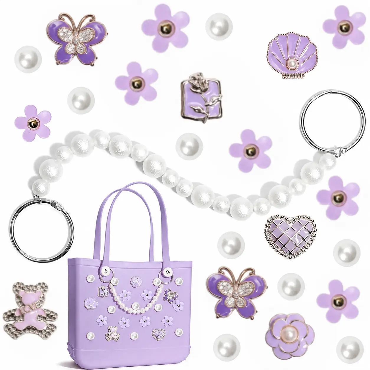 23-Piece Assorted Pearl Chain & Rhinestone Flower Bag Charms Set, Cute Bling Pearl Accessories with Clasps for Rubber Beach Tote Bags (Ideal for Beach Trips), Bag Accessories Charms, Handbags Bag Accessory