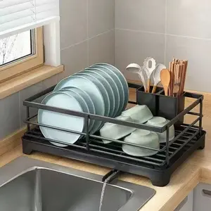 Dish Drying Rack, Countertop Dish Rack with Drain Tray & Utensil Holder, Kitchen Plate Organizer for Small Kitchen