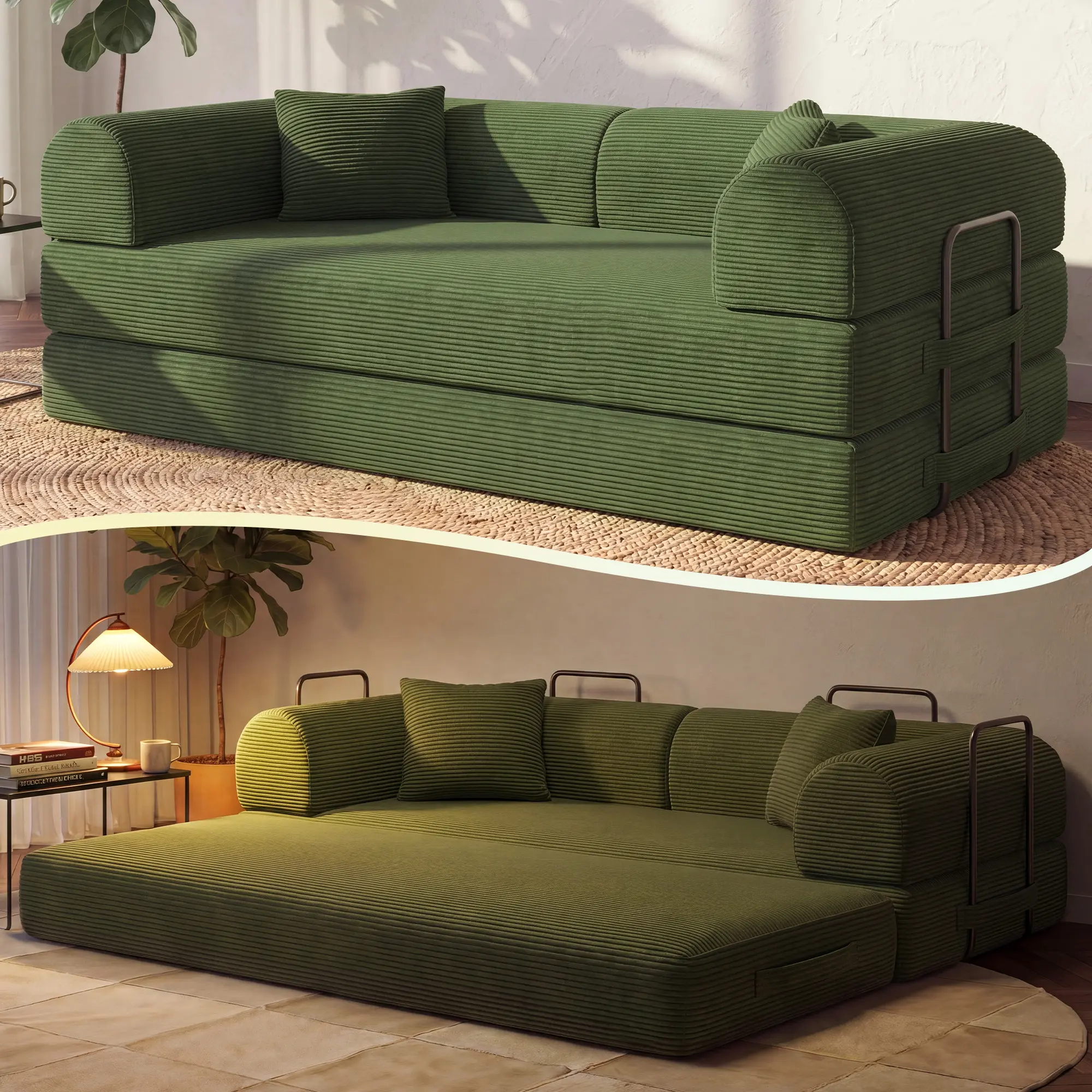 KELVISS Classic 5-in-1 Corduroy Convertible Loveseat Folding Couch Bed with 2 Pillows - Durable Foam Sleeper, Comfy Indoor Furniture for Adults, Low Floor Living Room Decor with Side Support Frame & Headrests