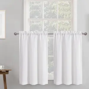 2 Panels White Kitchen Curtains 36 Inch Length Tier Curtain, Faux Linen Textured Small Cafe Curtain, Light Filtering Short Window Curtains for Bathroom Basement, 30x36 inch, 2PCS