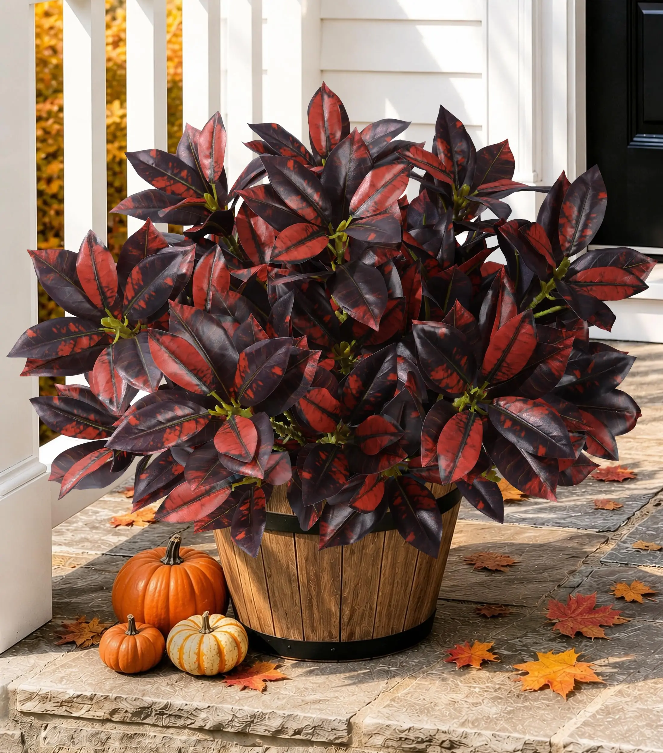 Ivydale 5PCS Faux Outdoor Fall Plants Fake Plastic Leaves with Stems, UV Resistant Realistic Artificial Plants Greenery Bushes for Planters Outside Patio Porch Garden Yard