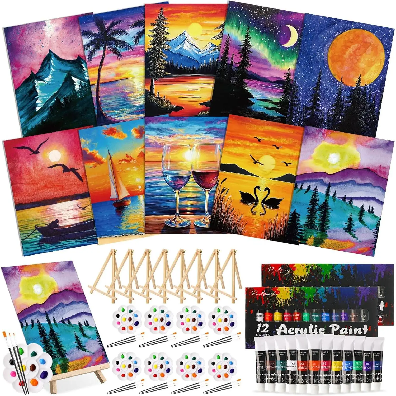 72 count Colorful Sky  and Sip Kit for Adults 8'' x 10'' Pre Drawn Canvas for Painting DIY Pre Printed Canvas for Party Favor Afro  Painting Kit  Easel Brushes Date Night Bulk