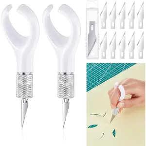 2 Pack Fingertip Craft Knife 4.2 Inch Finger Detail Knife with Blades Ergonomic Hobby Handle with Finger Grip Cutting Tool for Precision Cutting and Trimming, 10 Pcs Blades