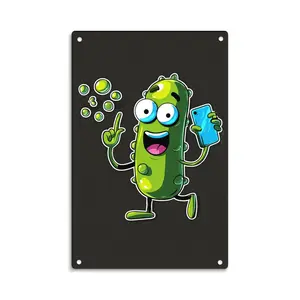 Funny Pickle Holding Phone Vintage Cartoon Metal Sign Print Aesthetic Room Decoration for Home Bedroom Kitchen Bar Dorm Bathroom Wall Decor 8 X 12 Inch