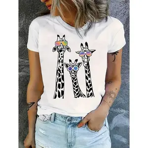 Women Casual Giraffe Pattern T-Shirt with Glasses Short Sleeve Crew Neck Cotton T-shirt All Season Comfortable Fit 95 Polyester 5 Elastane 180g/m