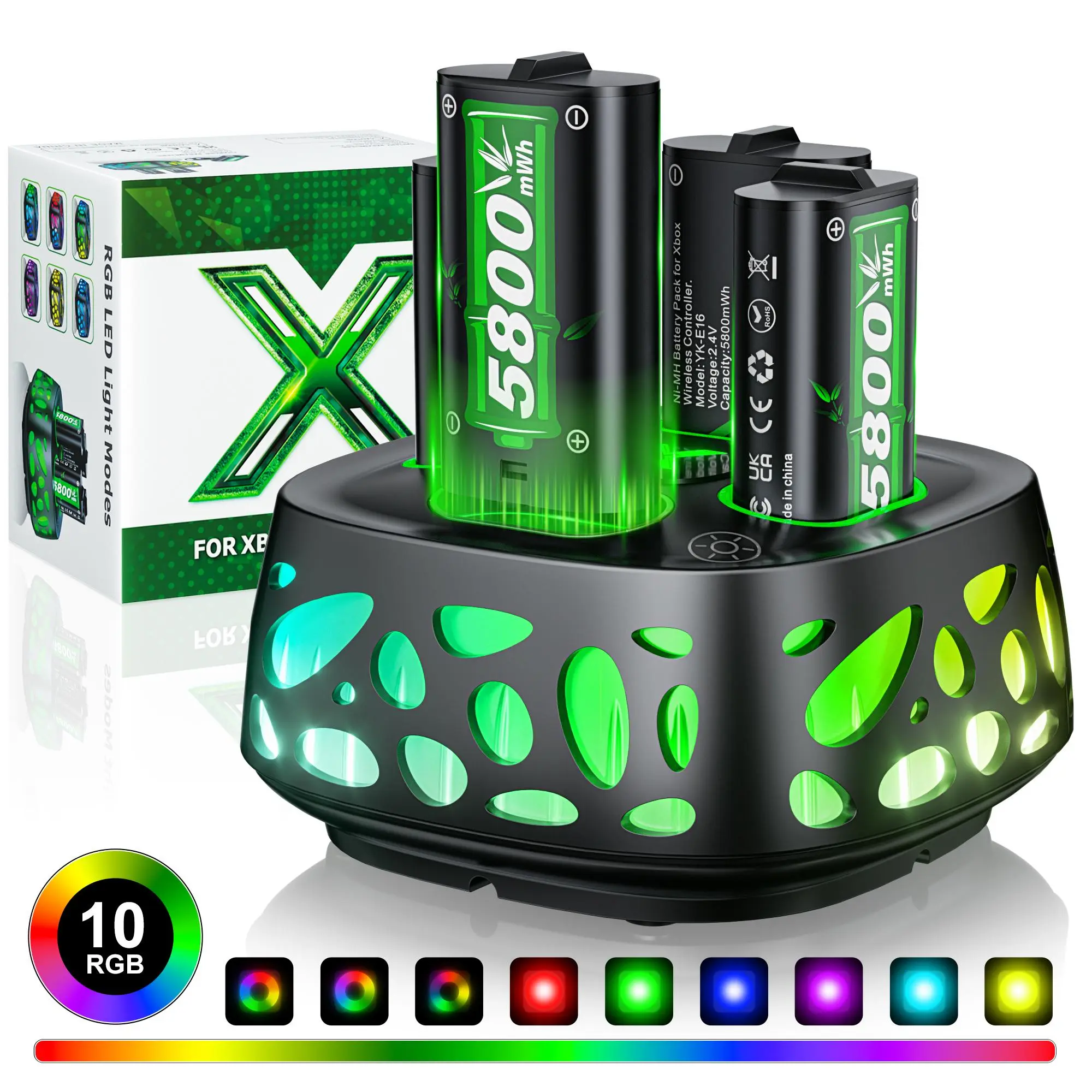 Ponkor Xbox Controller Rechargeable Battery Packs 4x5800mWh with Fast Charging Dock LED Glow Overheat Protection for Xbox One Series X|S - Console