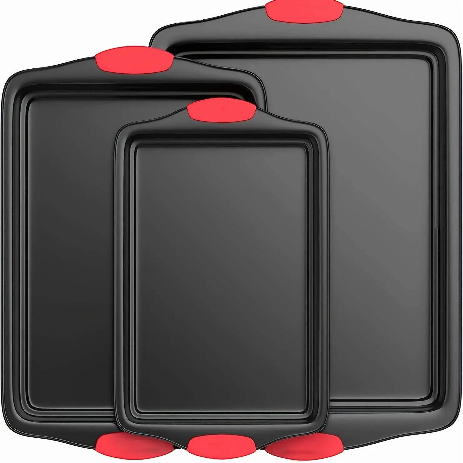 9pcs Grey Carbon Steel Non-Stick Baking Pan Set, Commercial-Grade Restaurant Quality Oven & Kitchen Metal Baking Trays, Double-Sided Nonstick Interior and Exterior, With Red Silicone Handles