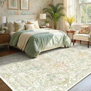 Sage Green Boho Area Rugs for Bedroom Aesthetic 8x10 - Washable Floral Farmhouse Large Rug for Living Room, Dining Room Under Table,  - Soft Cottage Core Carpet with Low Pile & Non Slip