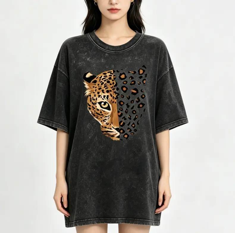 Vintage Washed Cotton T-Shirt with a Split Leopard Face Graphic, Women's Relaxed Fit Drop Shoulder Streetwear Top, Fitted, Classic